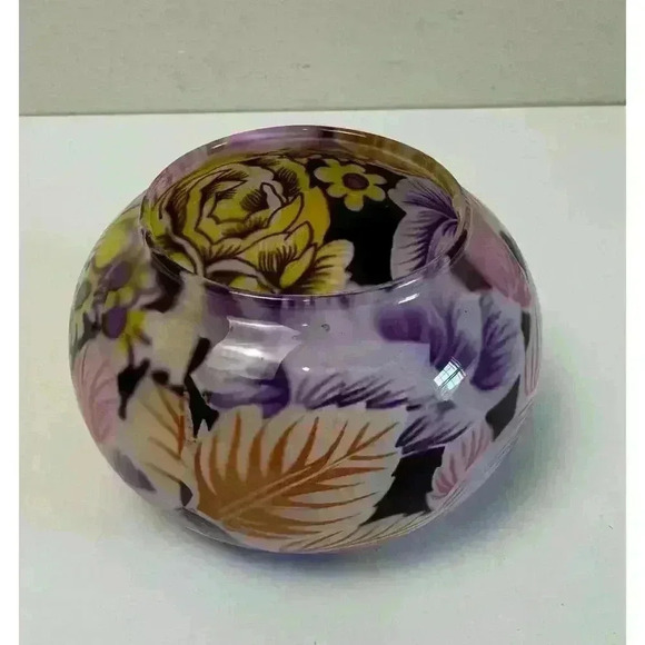 Glass Floral Design Art Glass Votive Candle Holder Purple Yellow Vivid Florals - Picture 3 of 8